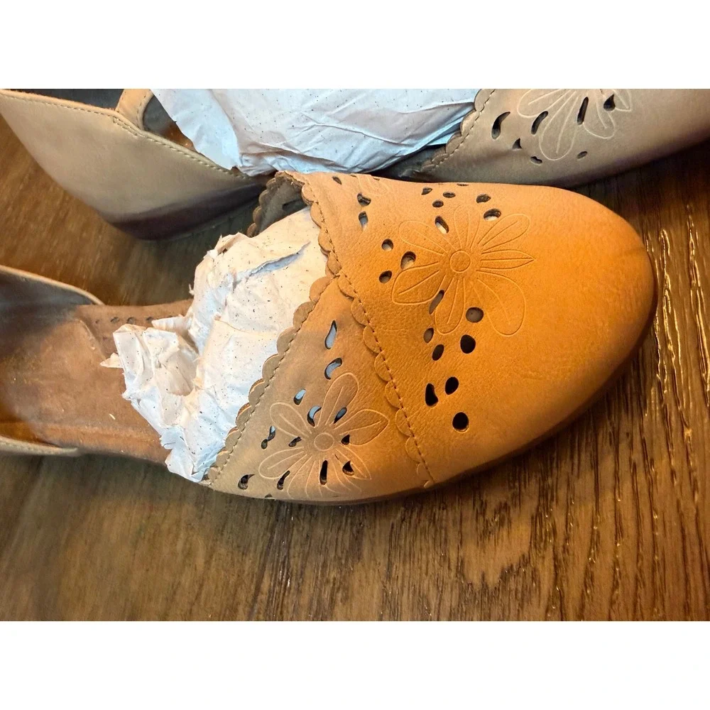 Natural Soul Mary Jane Flats Women 8M Tan Floral Laser Cut Scalloped Comfort